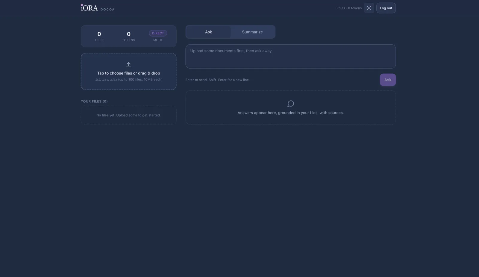iORA DocQA interface: document upload panel with file and token counters on the left, Ask and Summarize tabs with a grounded-answer area on the right